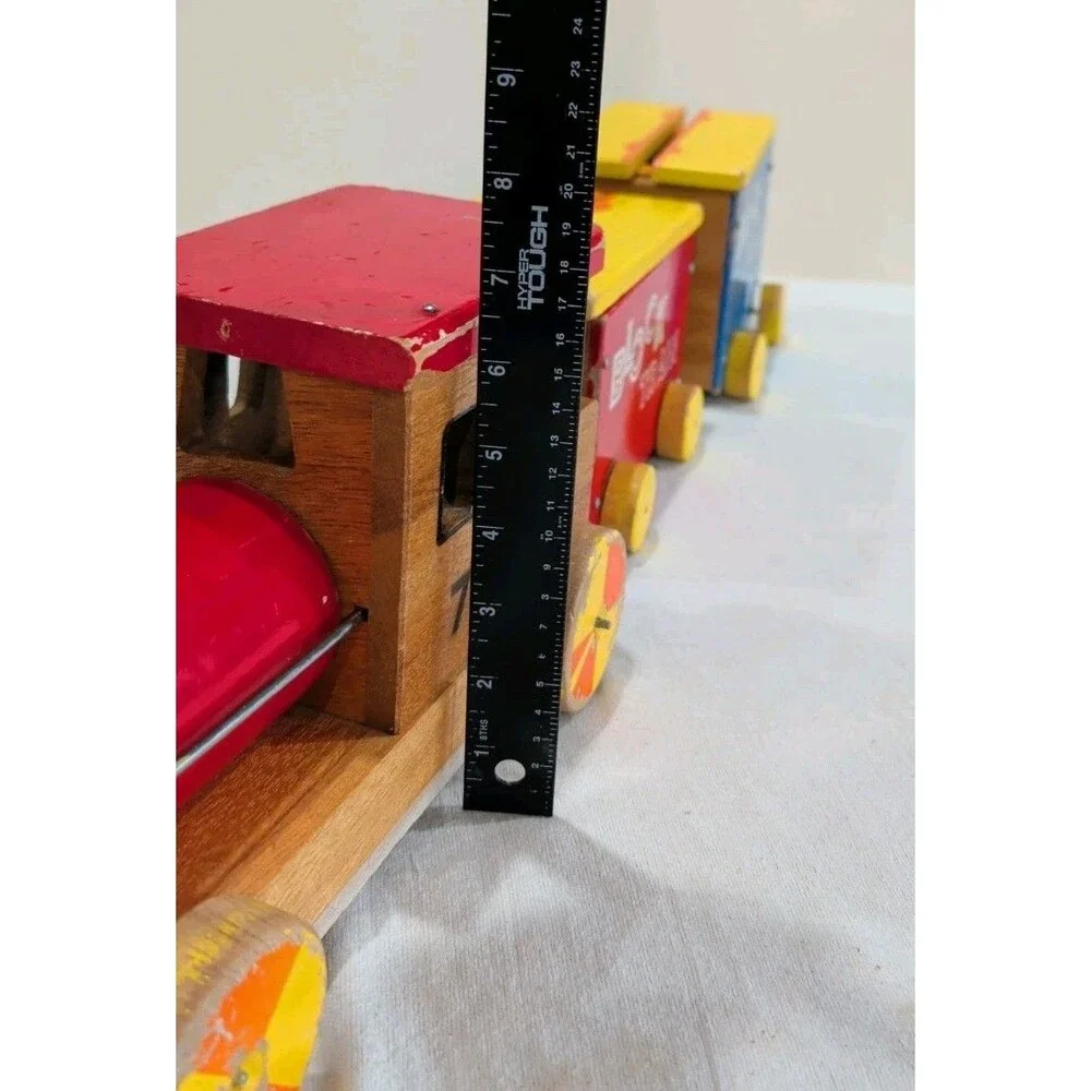 Vintage Wooden Toy Train Pull Toy 3 Cars 30 In.